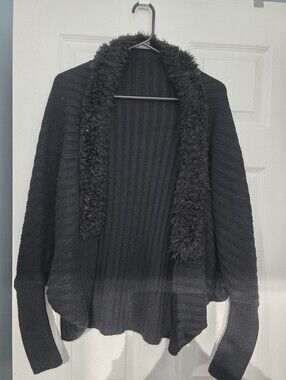 ​Shein | Black Rib-Knit Faux Fur Batwing Cardigan - Small